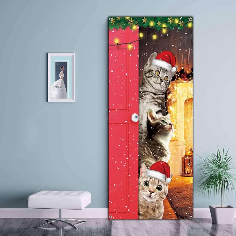 Cute Cats Merry Christmas Door Cover, Funny Cats Door Banner Decoration, Christmas Gift