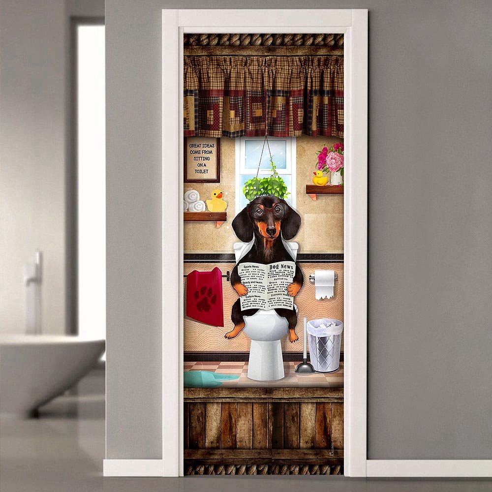 Dachshund Puppy Sitting On A Toilet Door Cover, Xmas Gifts For Pet Lovers, Christmas Gift Dachshund Puppy Sitting On A Toilet Door Cover, Xmas Gifts For Pet Lovers, Christmas Gift
