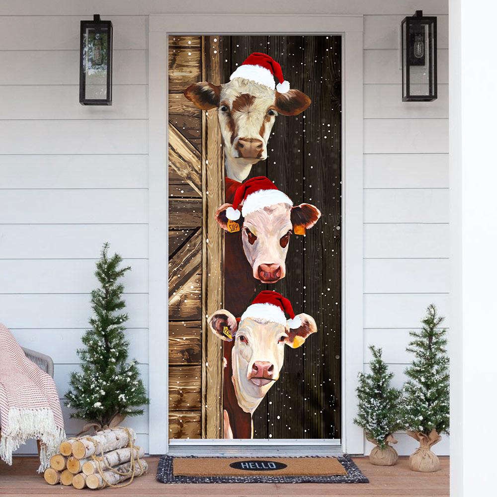 Funny Cow Merry Christmas Door Cover, Festive Cow Home Decor, Christmas Gift