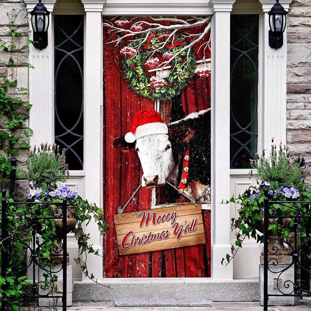 Funny Cow Merry Christmas Door Cover, Festive Cow Home Decor, Christmas Gift