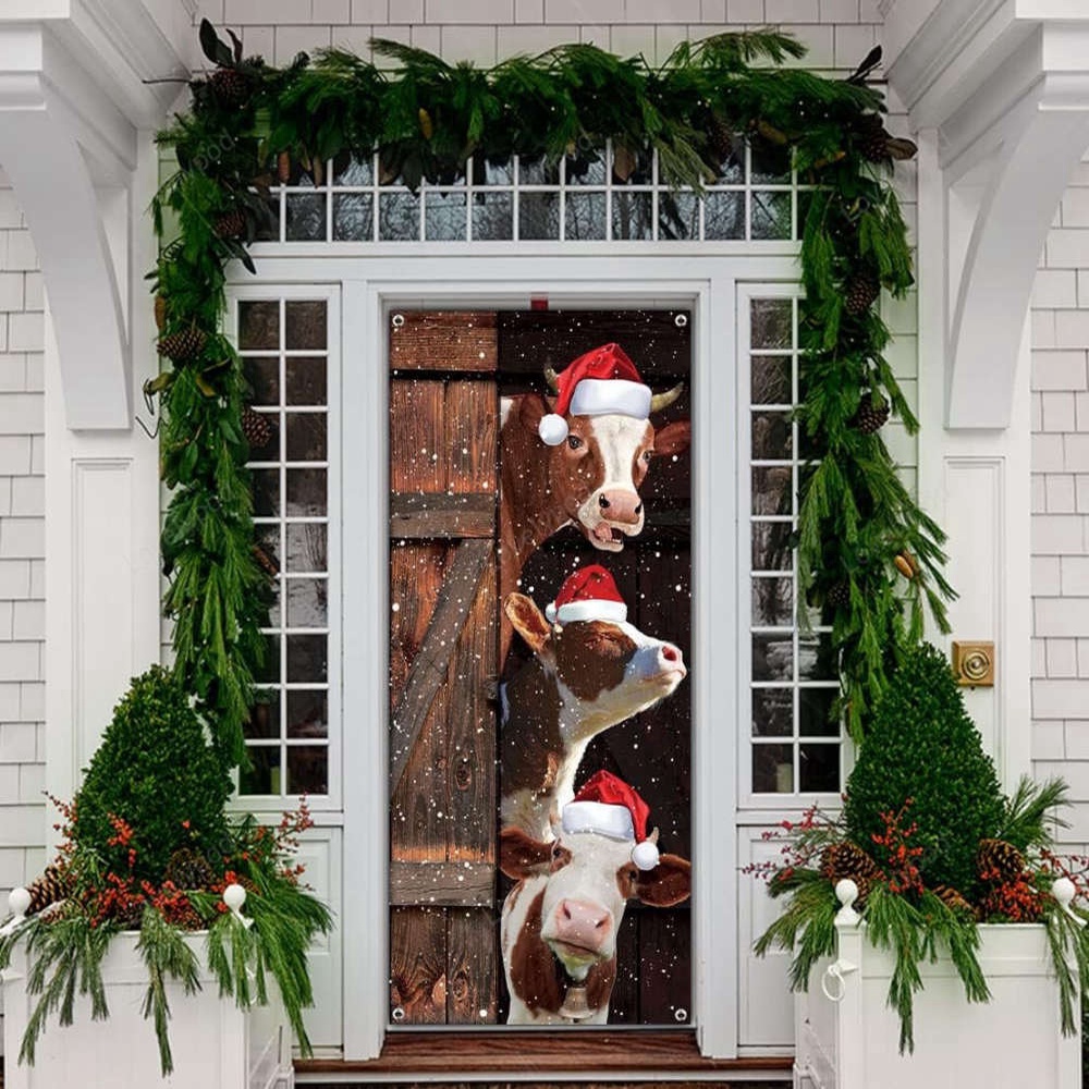Funny Cows Merry Christmas Door Cover, Festive Santa Cow Sign, Christmas Gift Funny Cows Merry Christmas Door Cover, Festive Santa Cow Sign, Christmas Gift