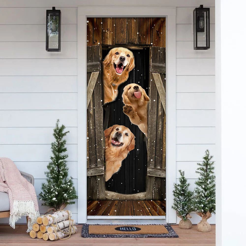Golden Retriever Happy Farmhouse Door Cover, Xmas Outdoor Decoration, Gifts For Dog Lovers, Christmas Gift
