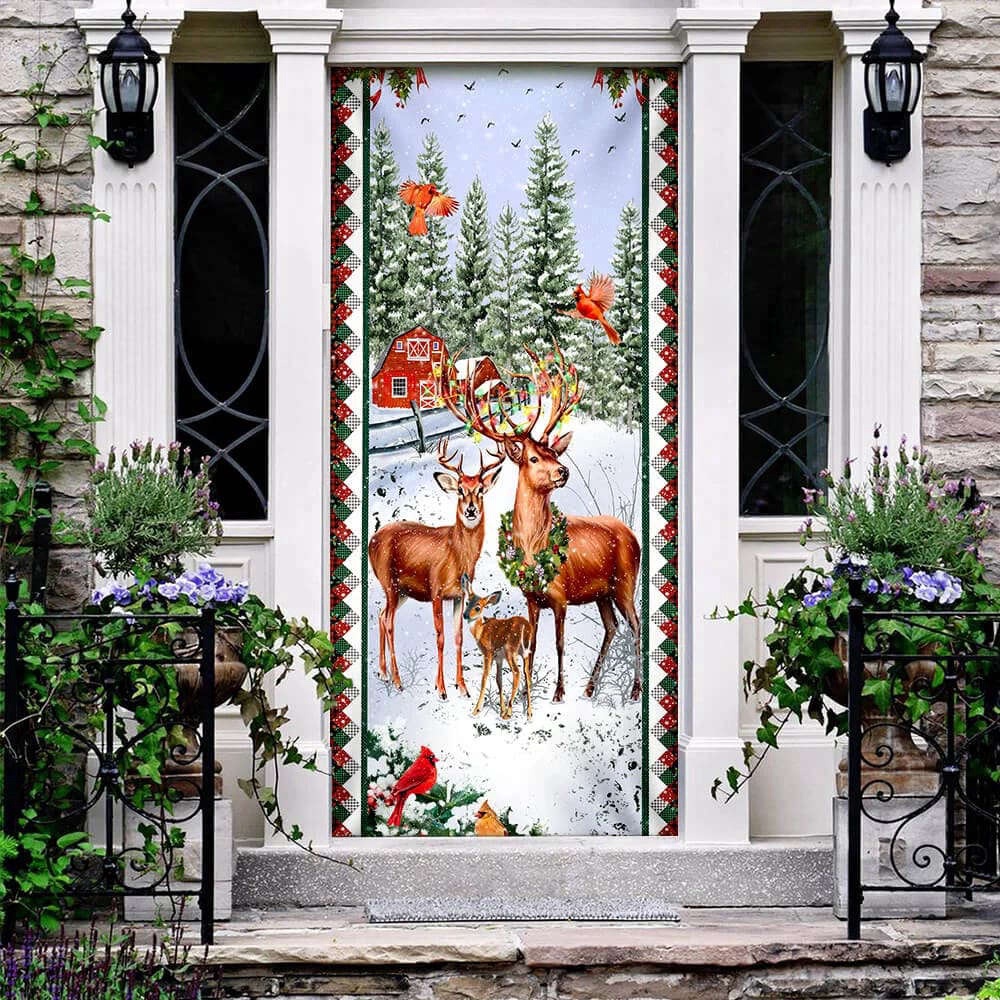 Happy Deer Family Christmas Door Cover, Deer Door Cover, Christmas Outdoor Decoration, Christmas Gift