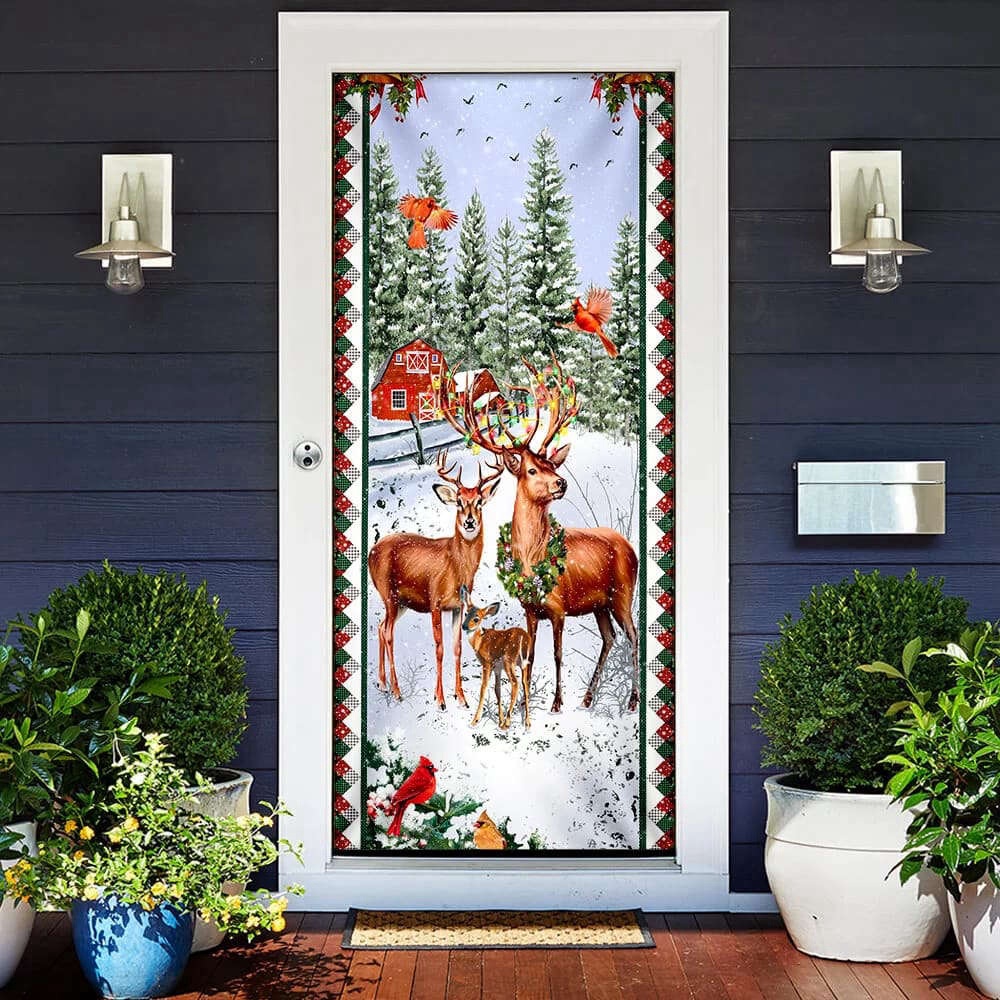 Happy Deer Family Christmas Door Cover, Deer Door Cover, Christmas Outdoor Decoration, Christmas Gift