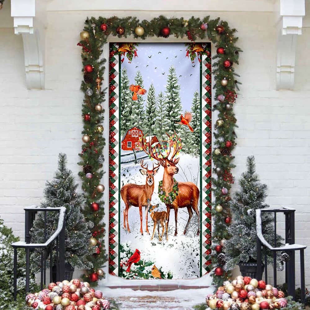 Happy Deer Family Christmas Door Cover, Deer Door Cover, Christmas Outdoor Decoration, Christmas Gift