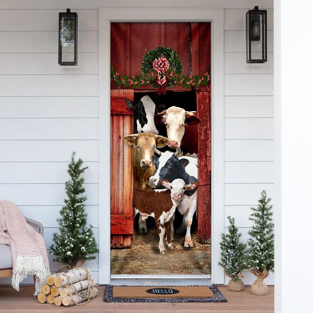 Happy Family Cattle Door Cover, Unique Gifts Doorcover, Holiday Decor, Christmas Gift