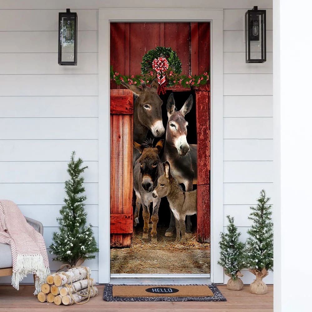 Happy Family Donkey Door Cover, Unique Gifts Doorcover, Holiday Decor, Christmas Gift