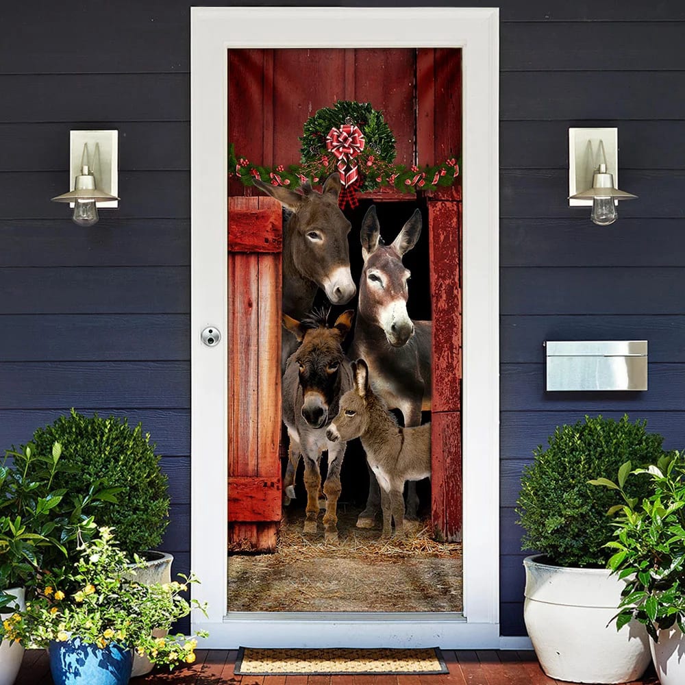 Happy Family Donkey Door Cover, Unique Gifts Doorcover, Holiday Decor, Christmas Gift