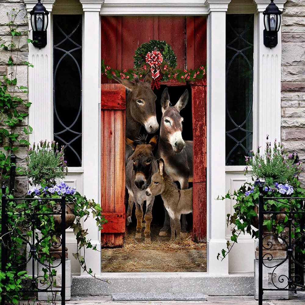 Happy Family Donkey Door Cover, Unique Gifts Doorcover, Holiday Decor, Christmas Gift