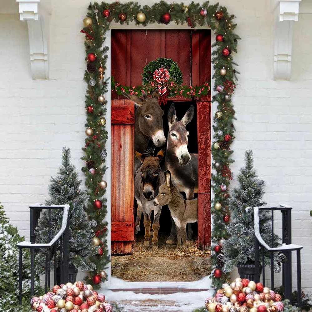 Happy Family Donkey Door Cover, Unique Gifts Doorcover, Holiday Decor, Christmas Gift