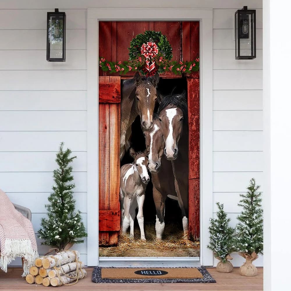Happy Family Horse Door Cover, Unique Gifts Doorcover, Housewarming Gifts, Christmas Gift