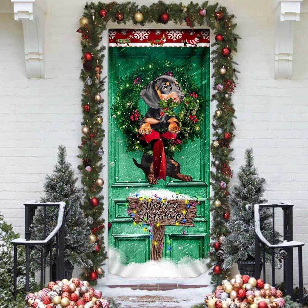 Happy Holiday Dachshund Door Cover, Unique Gifts Doorcover, Holiday Decor, Christmas Gift