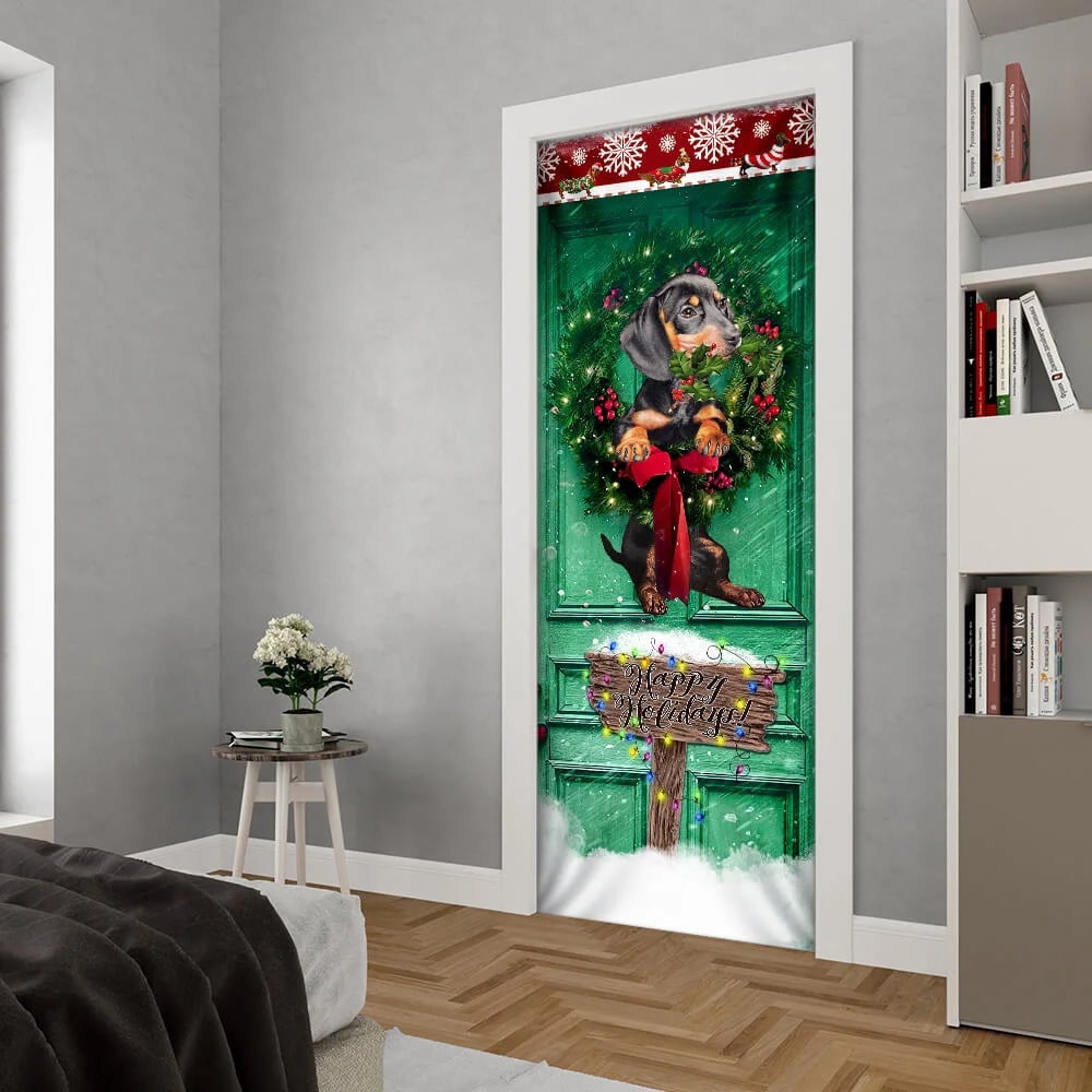 Happy Holiday Dachshund Door Cover, Unique Gifts Doorcover, Holiday Decor, Christmas Gift