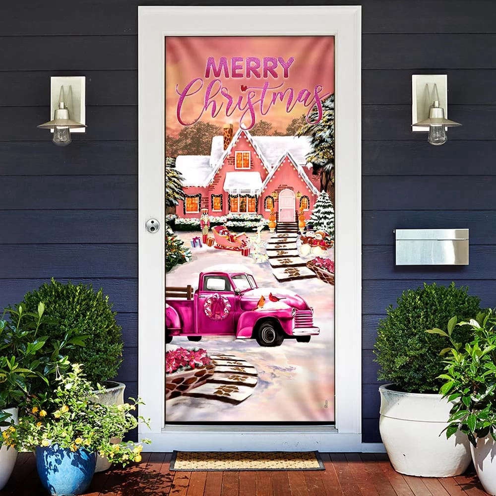 Happy Pink Christmas Door Cover, Door Christmas Cover, Christmas Outdoor Decoration, Christmas Gift