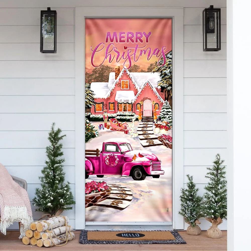 Happy Pink Christmas Door Cover, Door Christmas Cover, Christmas Outdoor Decoration, Unique Gifts Doorcover, Christmas Gift