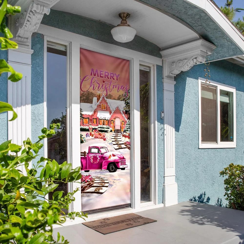 Happy Pink Christmas Door Cover, Door Christmas Cover, Christmas Outdoor Decoration, Unique Gifts Doorcover, Christmas Gift