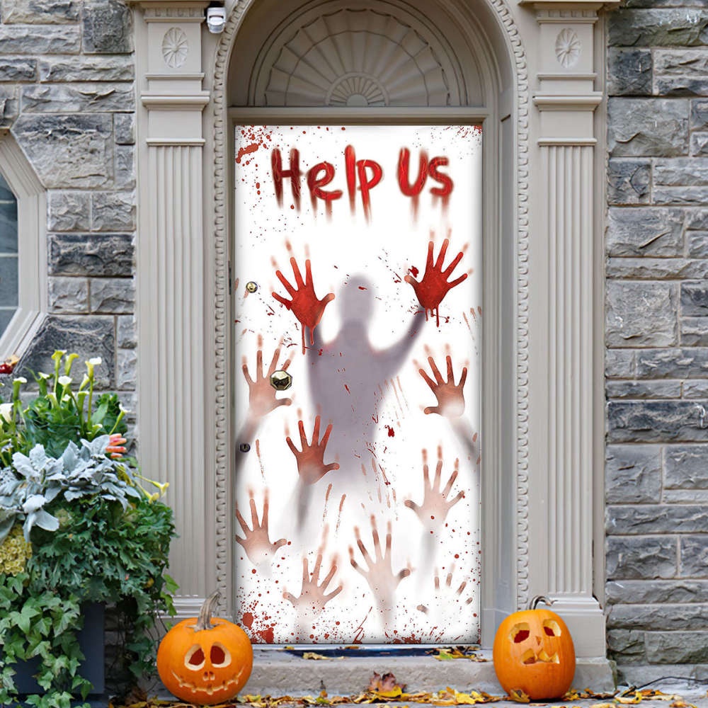 Horror Help Us Halloween Door Cover Decorations for Front Door, Christmas Gift