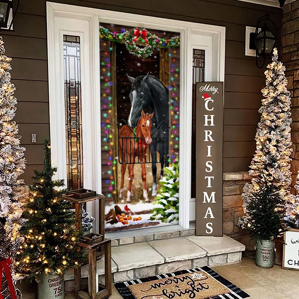 Horse Christmas Door Couple Happy Couple Christmas Outdoor Decoration, Unique Gifts Doorcover, Christmas Gift Horse Christmas Door Couple Happy Couple Christmas Outdoor Decoration, Unique Gifts Doorcover, Christmas Gift