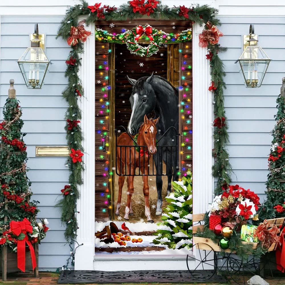 Horse Christmas Door Couple Happy Couple Christmas Outdoor Decoration, Unique Gifts Doorcover, Christmas Gift Horse Christmas Door Couple Happy Couple Christmas Outdoor Decoration, Unique Gifts Doorcover, Christmas Gift