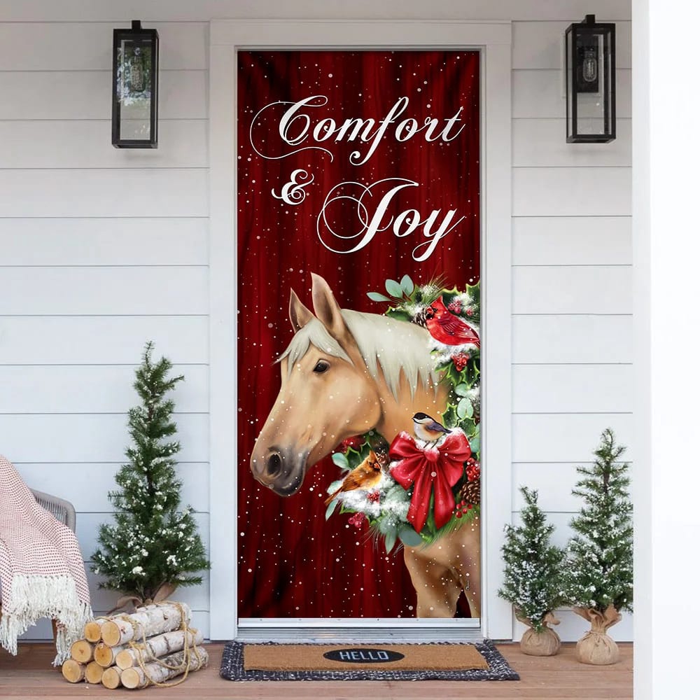 Horse Comfort And Joy Christmas Door Cover, Christmas Outdoor Decoration, Unique Gifts Doorcover, Christmas Gift