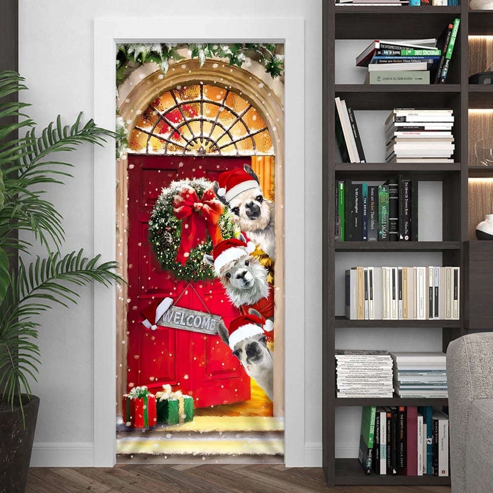 Llama Christmas Door Cover, Christmas Outdoor Decoration, Christmas Gift Llama Christmas Door Cover, Christmas Outdoor Decoration, Christmas Gift