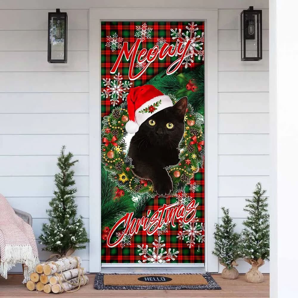 Meowy Christmas Door Cover, Black Cat Door Cover, Christmas Gift Meowy Christmas Door Cover, Black Cat Door Cover, Christmas Gift