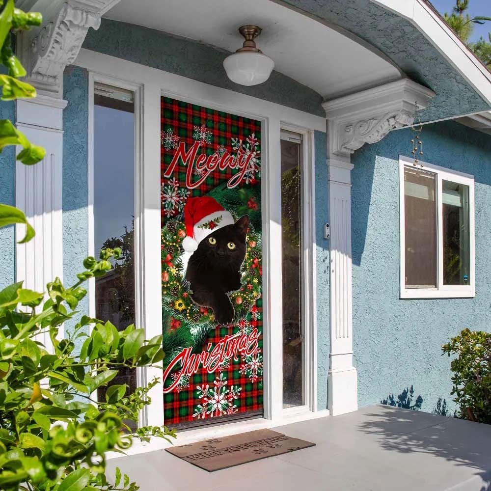 Meowy Christmas Door Cover, Black Cat Door Cover, Christmas Gift Meowy Christmas Door Cover, Black Cat Door Cover, Christmas Gift