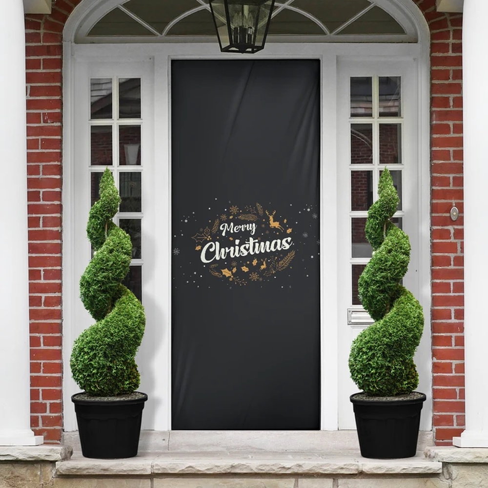 Merry Christmas Background Black Color Door Cover, Gift For Christmas, Christmas Gift