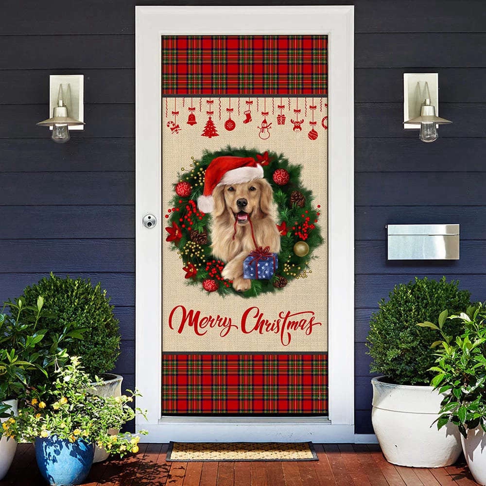 Merry Christmas Golden Retriever Door Cover, Christmas Outdoor Decoration, Christmas Gift