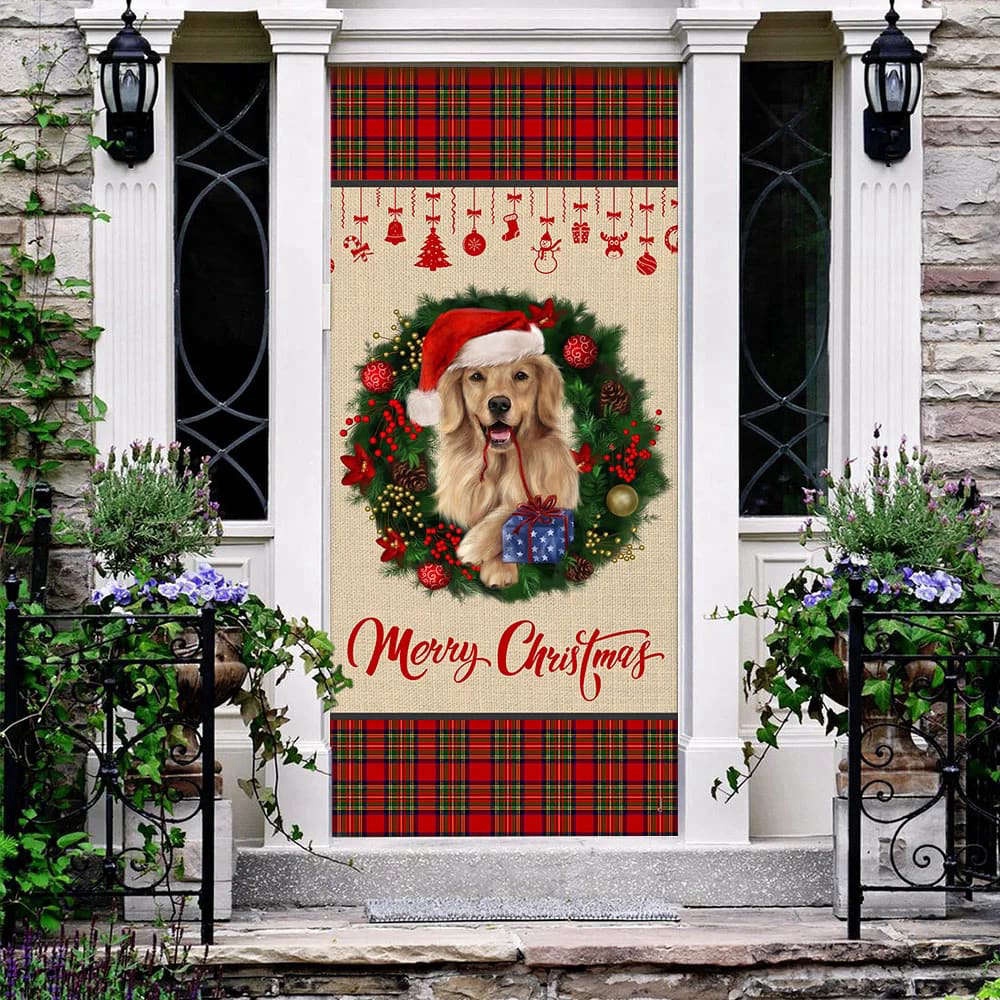 Merry Christmas Golden Retriever Door Cover, Christmas Outdoor Decoration, Christmas Gift