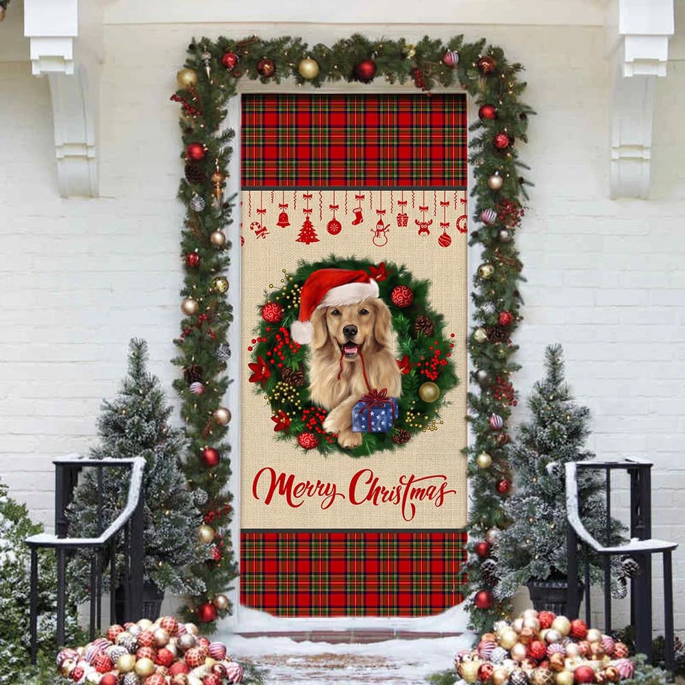 Merry Christmas Golden Retriever Door Cover, Xmas Outdoor Decoration, Gifts For Dog Lovers, Christmas Gift