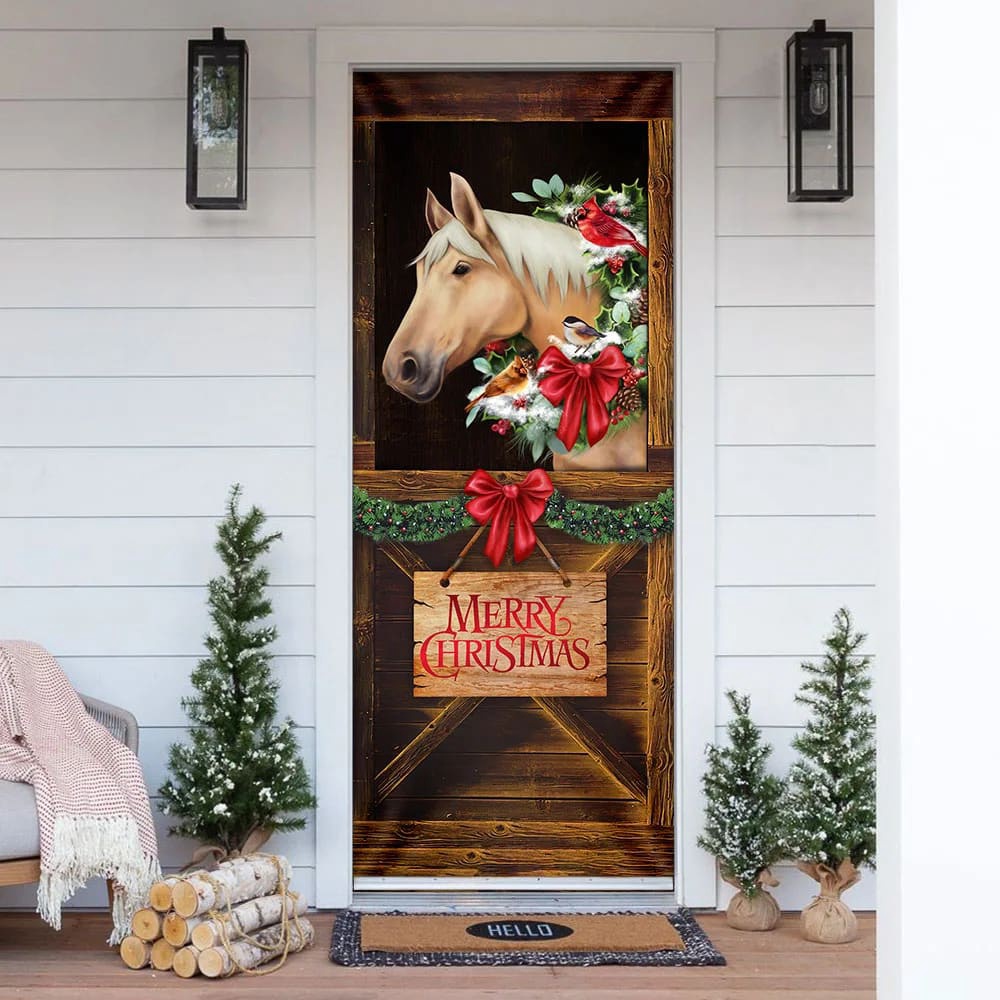 Merry Christmas Horse In Stable Door Cover, Christmas Horse Decor, Christmas Outdoor Decoration, Christmas Gift
