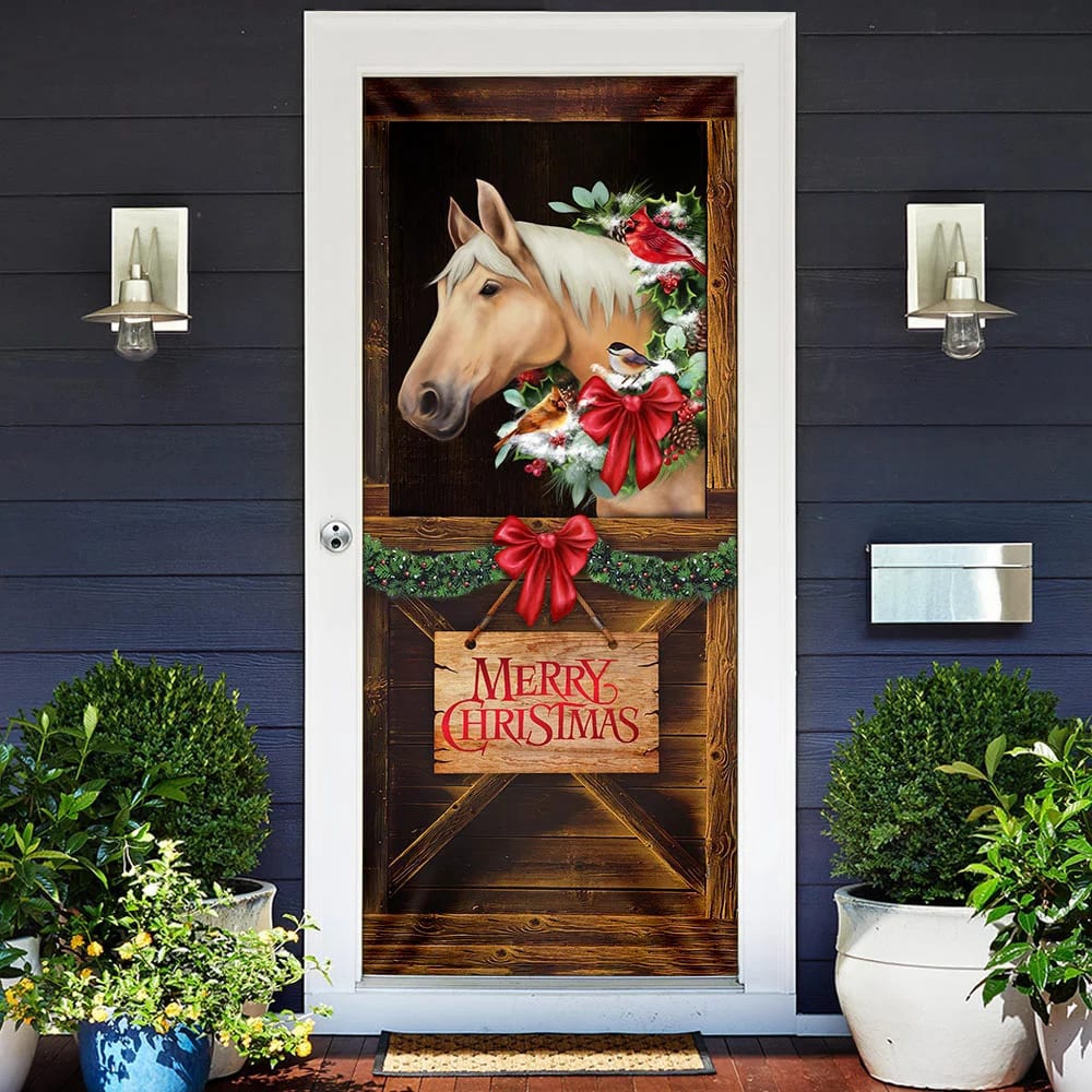 Merry Christmas Horse In Stable Door Cover, Christmas Horse Decor, Christmas Outdoor Decoration, Christmas Gift