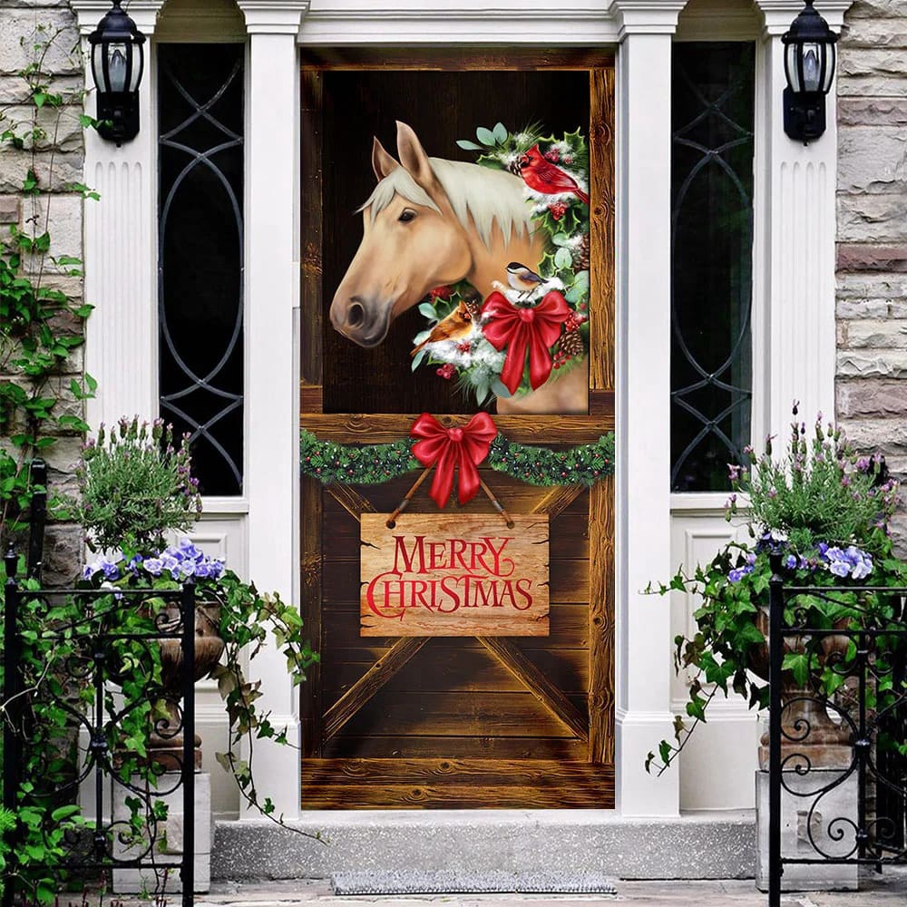 Merry Christmas Horse In Stable Door Cover, Christmas Horse Decor, Christmas Outdoor Decoration, Christmas Gift