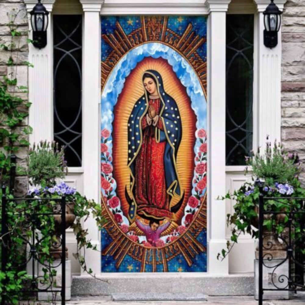 Mother Mary Roses Door Cover Elegant Floral Decor for a Serene Entrance, Christmas Gift