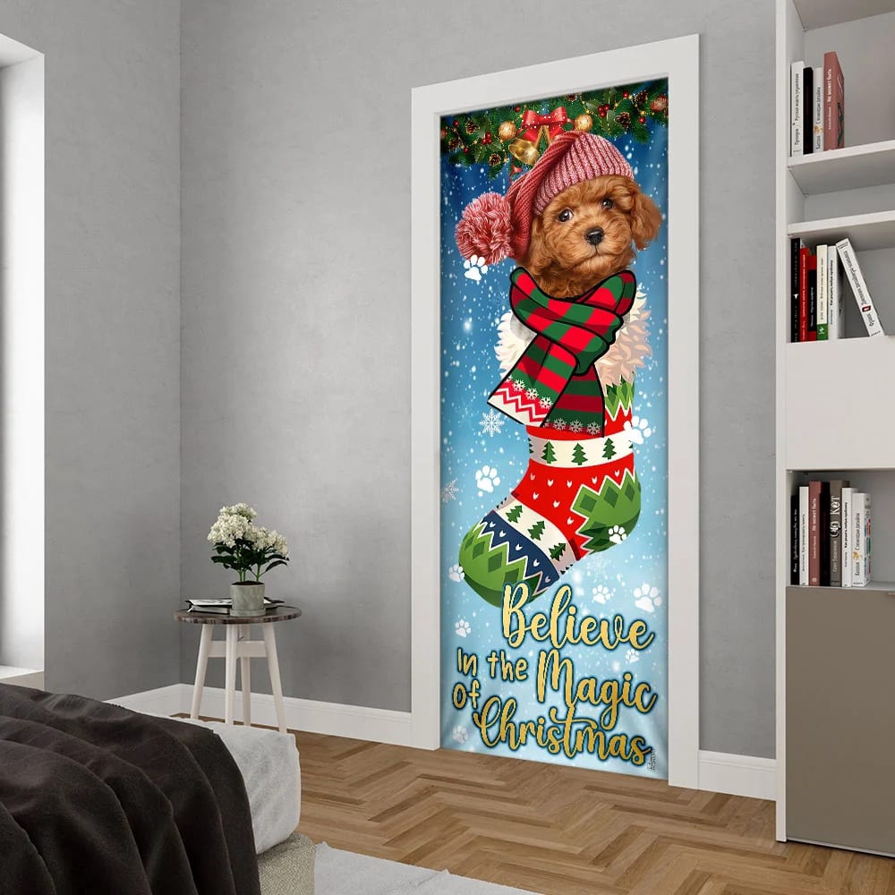 Poodle In Sock Door Cover, Believe In The Magic Of Christmas Door Cover, Xmas Outdoor Decoration, Gifts For Dog Lovers, Christmas Gift