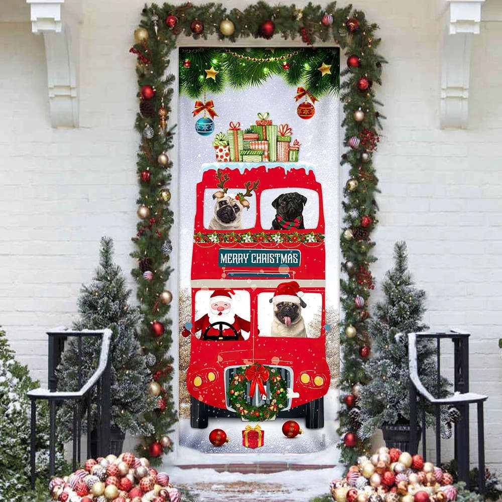 Pugs Christmas Bus Door Cover, Christmas Outdoor Decoration, Christmas Gift Pugs Christmas Bus Door Cover, Christmas Outdoor Decoration, Christmas Gift