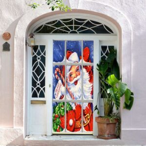 Santa’s Window Smile Door Cover, Christmas Door…