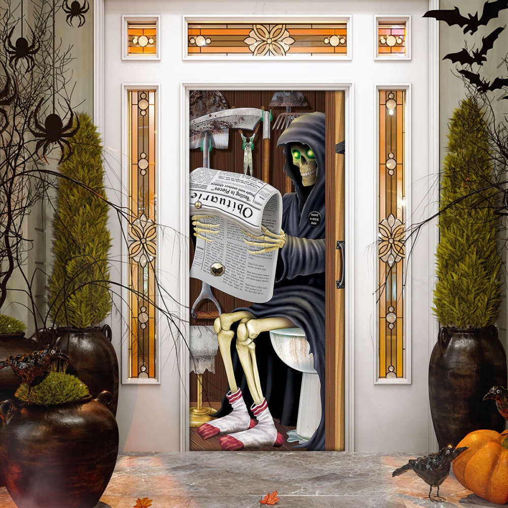 Skeleton on a Toilet Halloween Door Cover Decorations for Front Door, Christmas Gift Skeleton on a Toilet Halloween Door Cover Decorations for Front Door, Christmas Gift