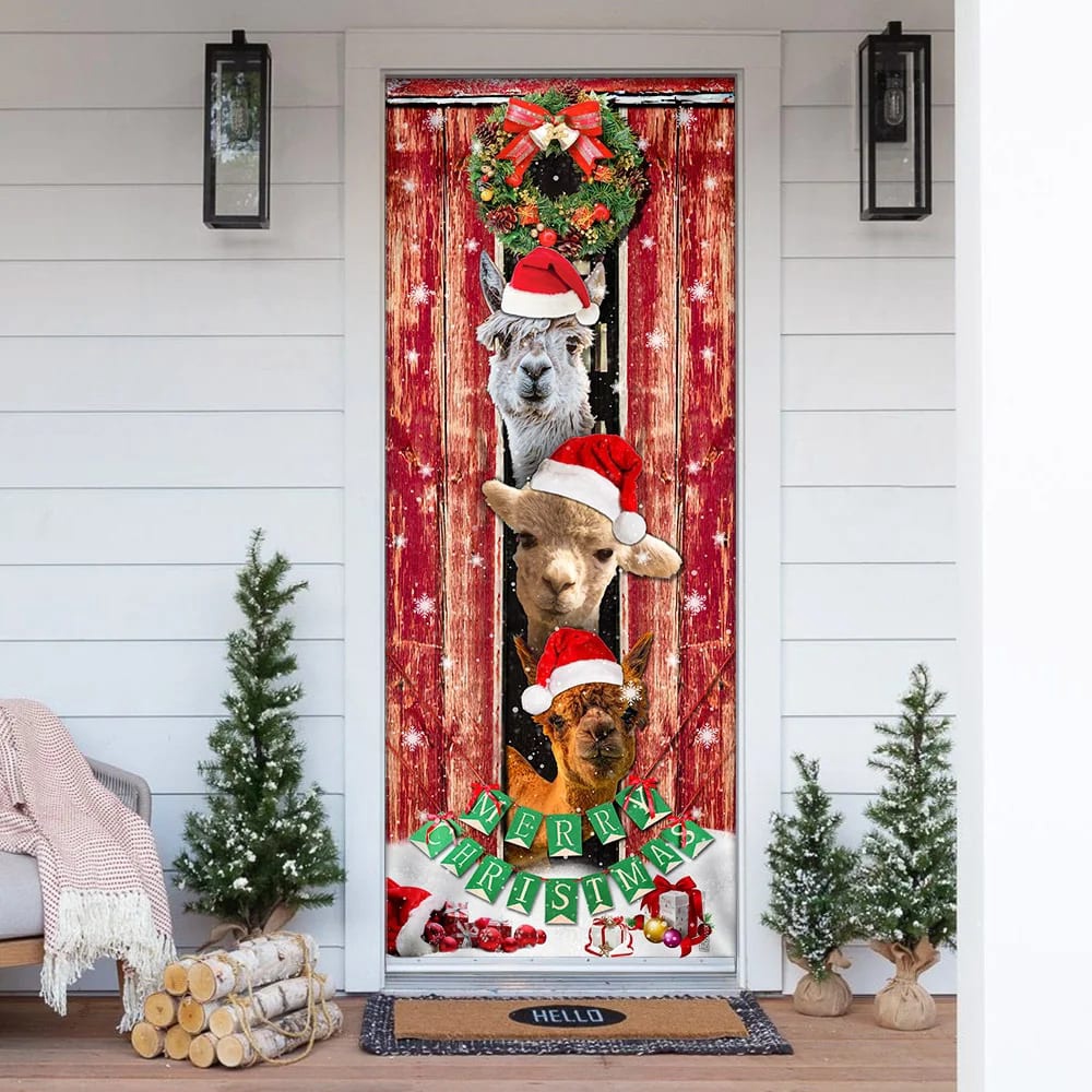 Three Alpacas Happy Place Door Cover, Front Door Christmas Cover, Christmas Outdoor Decoration, Christmas Gift Three Alpacas Happy Place Door Cover, Front Door Christmas Cover, Christmas Outdoor Decoration, Christmas Gift