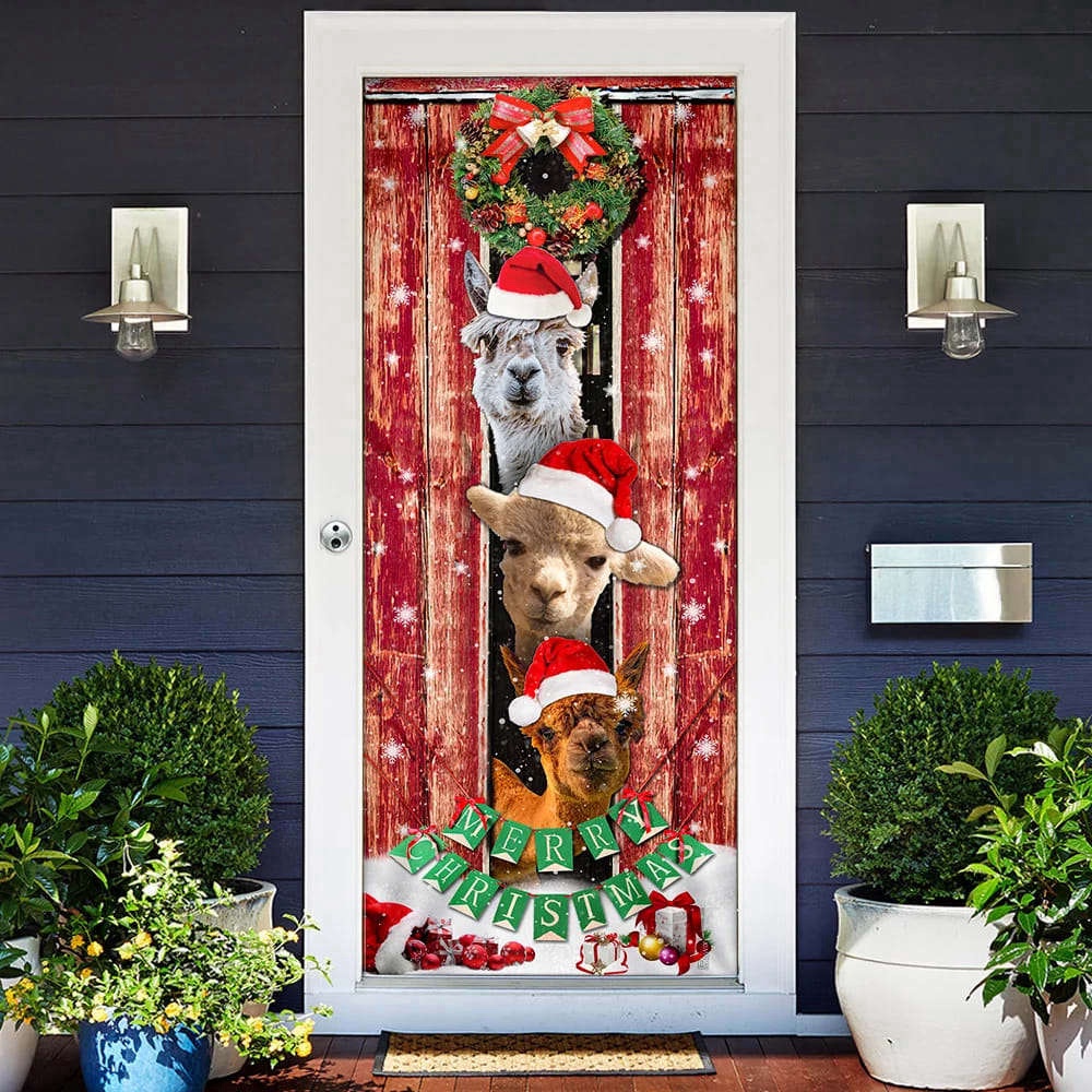 Three Alpacas Happy Place Door Cover, Front Door Christmas Cover For Christmas, Christmas Gift Three Alpacas Happy Place Door Cover, Front Door Christmas Cover For Christmas, Christmas Gift