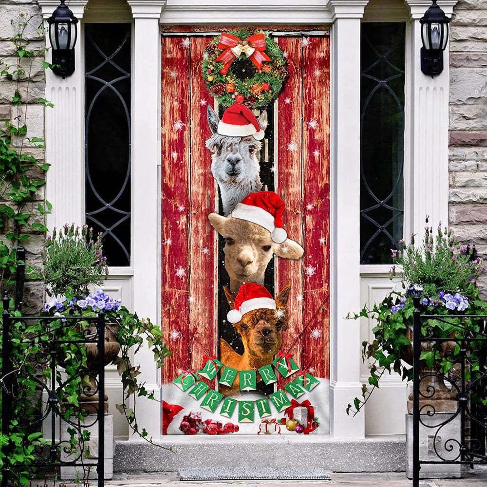 Three Alpacas Happy Place Door Cover, Front Door Christmas Cover For Christmas, Christmas Gift Three Alpacas Happy Place Door Cover, Front Door Christmas Cover For Christmas, Christmas Gift