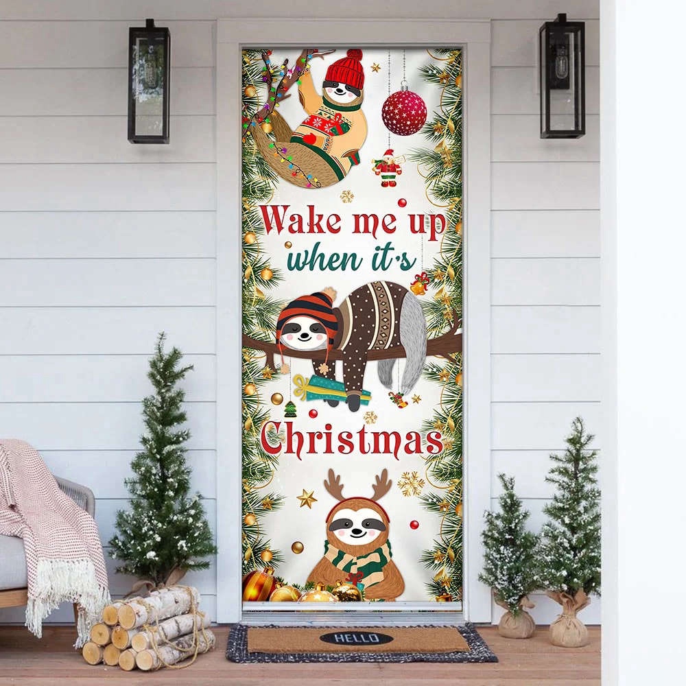 Wake Me Up When It’s Christmas Door Cover, Sloth Door Cover, Christmas Outdoor Decoration, Christmas Gift