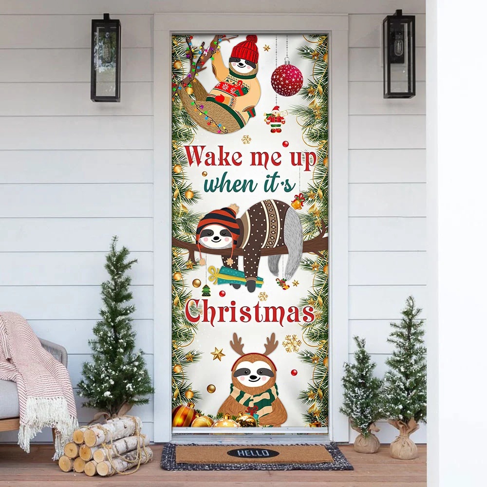 Wake Me Up When It’s Christmas Door Cover, Sloth Door Cover, Unique Gifts Doorcover, Christmas Gift