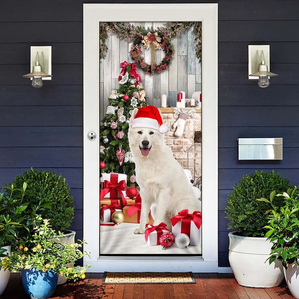 White German Shepherd Christmas Door Cover, Unique Gifts Doorcover, Christmas Gift