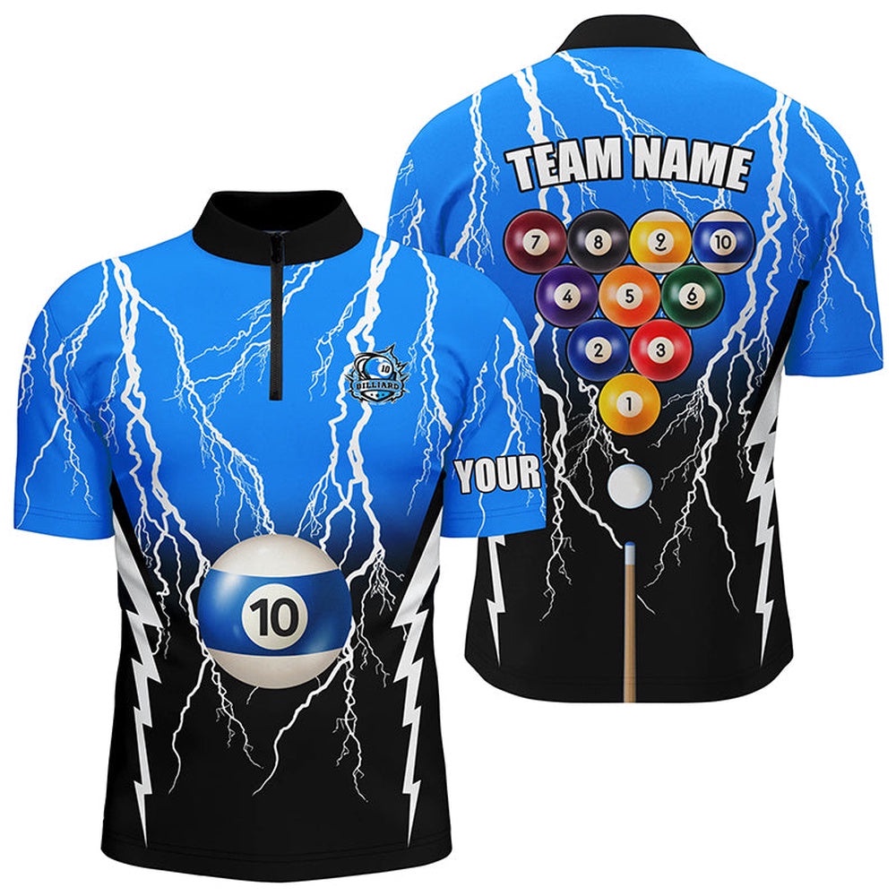 10 Ball Pool Custom Black Blue Lightning Thunder Jersey Shirts, 10 Ball Billiard Apparel Clothing, Personalized Billiard Team Jersey Shirt