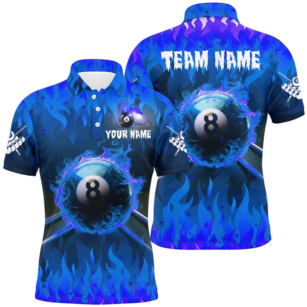 3D 8 Ball Pool &Cue Fire Polo Shirts Custom Billiard Apparel Polo Blue, Personalized Billiard Polo Shirt