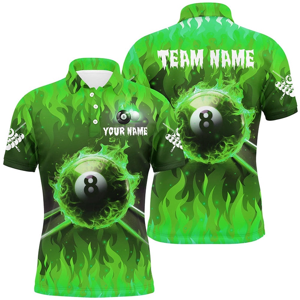 3D 8 Ball Pool &Cue Fire Polo Shirts Custom Billiard Apparel Polo Green, Personalized Billiard Polo Shirt