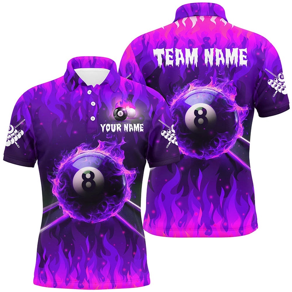 3D 8 Ball Pool & Cue Fire Polo Shirts Custom Billiard Apparel Polo Purple, Personalized Billiard Polo Shirt