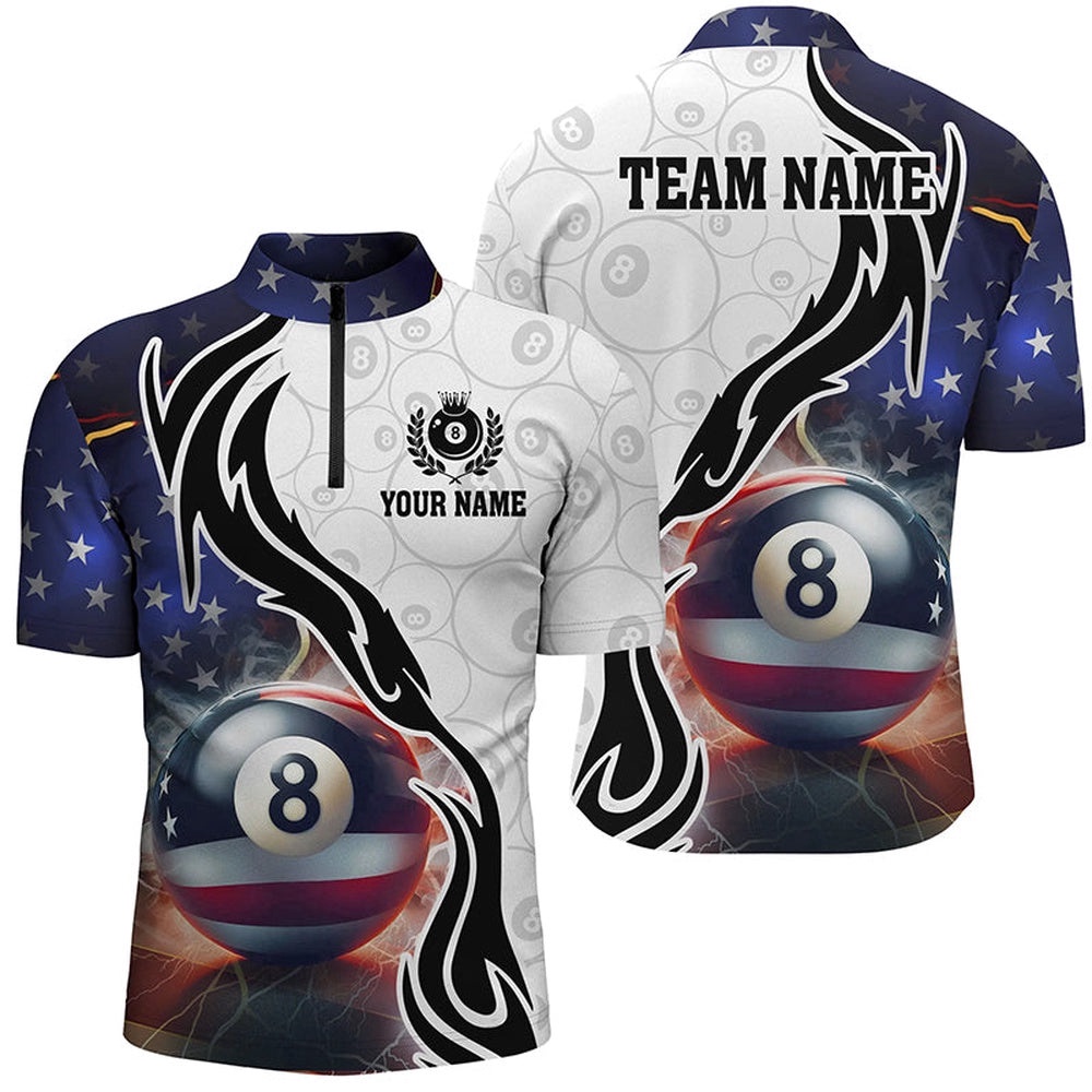 3D 8 Ball Pool Lightning US Flag Billiard Shirts, Patriotic Shirts For Pooler, Personalized Billiard Team Jersey Shirt